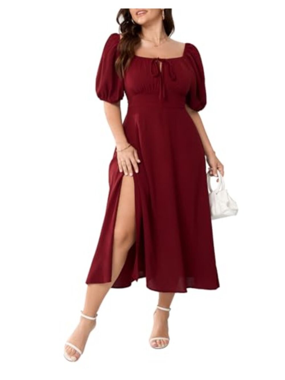 Plus Size Milkmaid Maxi Dress Short Sleeve Square Neck Tie Front Split A-Line